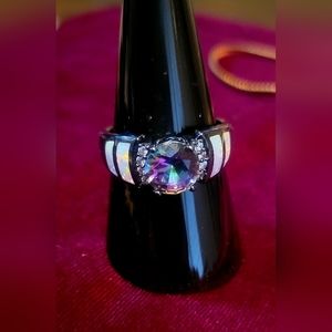 Faux Fire Opal, Rainbow Stone, Black Ring sz 9
